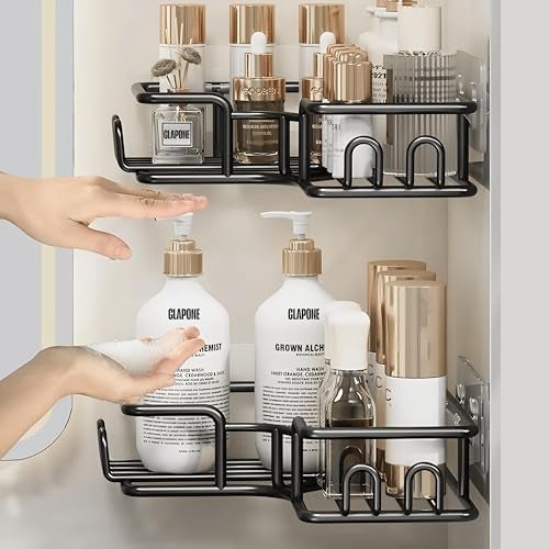 CLAPONE Stainless Steel Bath Organizers with Large Capacity Organizer Combo Racks and Shelves for Wall Stand for Bathroom Without Drill Soap Holder with Tooth Brush Holder Bathroom (Black, 4 PCS) - Image 3