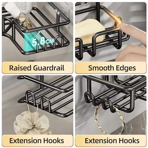 CLAPONE Stainless Steel Bath Organizers with Large Capacity Organizer Combo Racks and Shelves for Wall Stand for Bathroom Without Drill Soap Holder with Tooth Brush Holder Bathroom (Black, 4 PCS) - Image 5