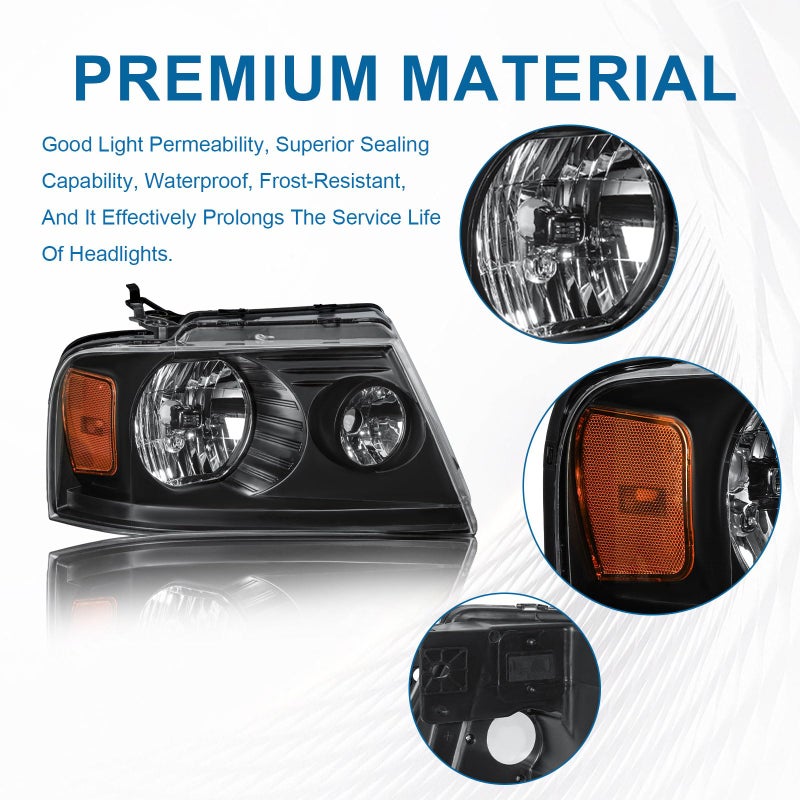Fullux for 2004-2008 Ford F150 Headlight for 2006-2008 Lincoln Mark LT 2PC Front Lights Left Right Side Replacement Headlamps Black Housing Amber Reflector - Image 2