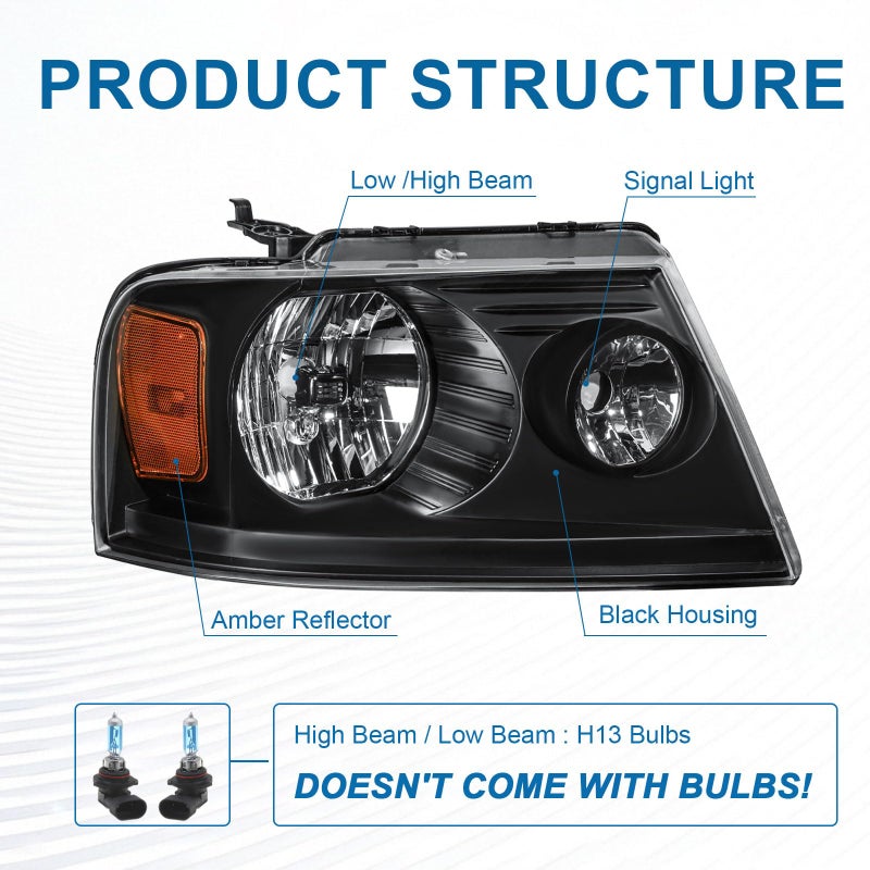 Fullux for 2004-2008 Ford F150 Headlight for 2006-2008 Lincoln Mark LT 2PC Front Lights Left Right Side Replacement Headlamps Black Housing Amber Reflector - Image 3