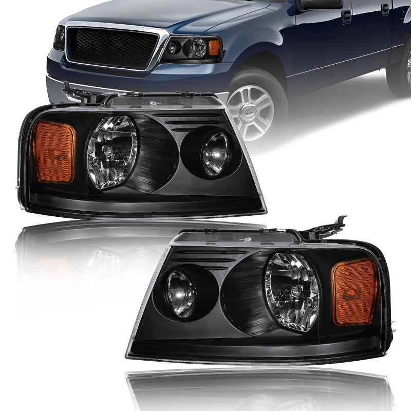 Fullux for 2004-2008 Ford F150 Headlight for 2006-2008 Lincoln Mark LT 2PC Front Lights Left Right Side Replacement Headlamps Black Housing Amber Reflector - Image 1