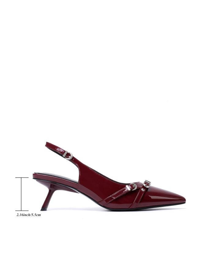 Mostrin Red Kitten Heels for Women Sexy Pointed Toe Slingback Low Heels Dressy Pumps Shoes with Buckle for Party Size 8 - Image 1