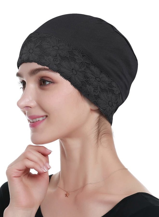 Alnorm Bamboo Sleep Beanie Cap Head Coverings for Women Hair Loss, Black, One size - Image 1