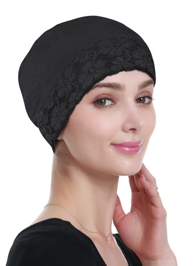 Alnorm Bamboo Sleep Beanie Cap Head Coverings for Women Hair Loss, Black, One size - Image 3
