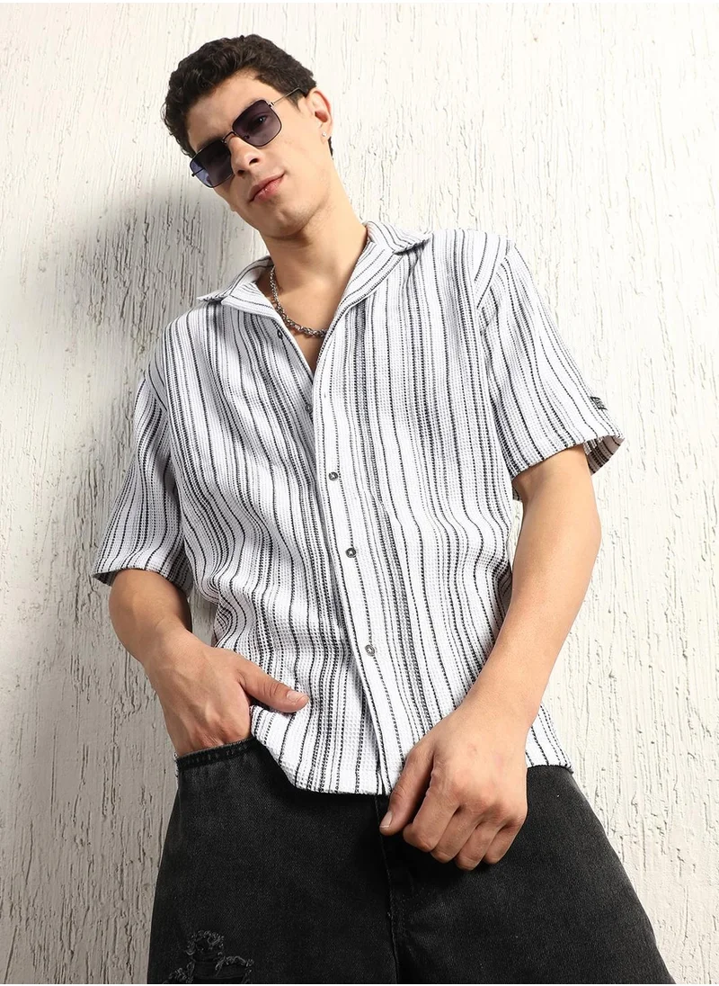 هوبرهولمي Cotton Relaxed Waffle Striped Half Sleeve Shirt for Men