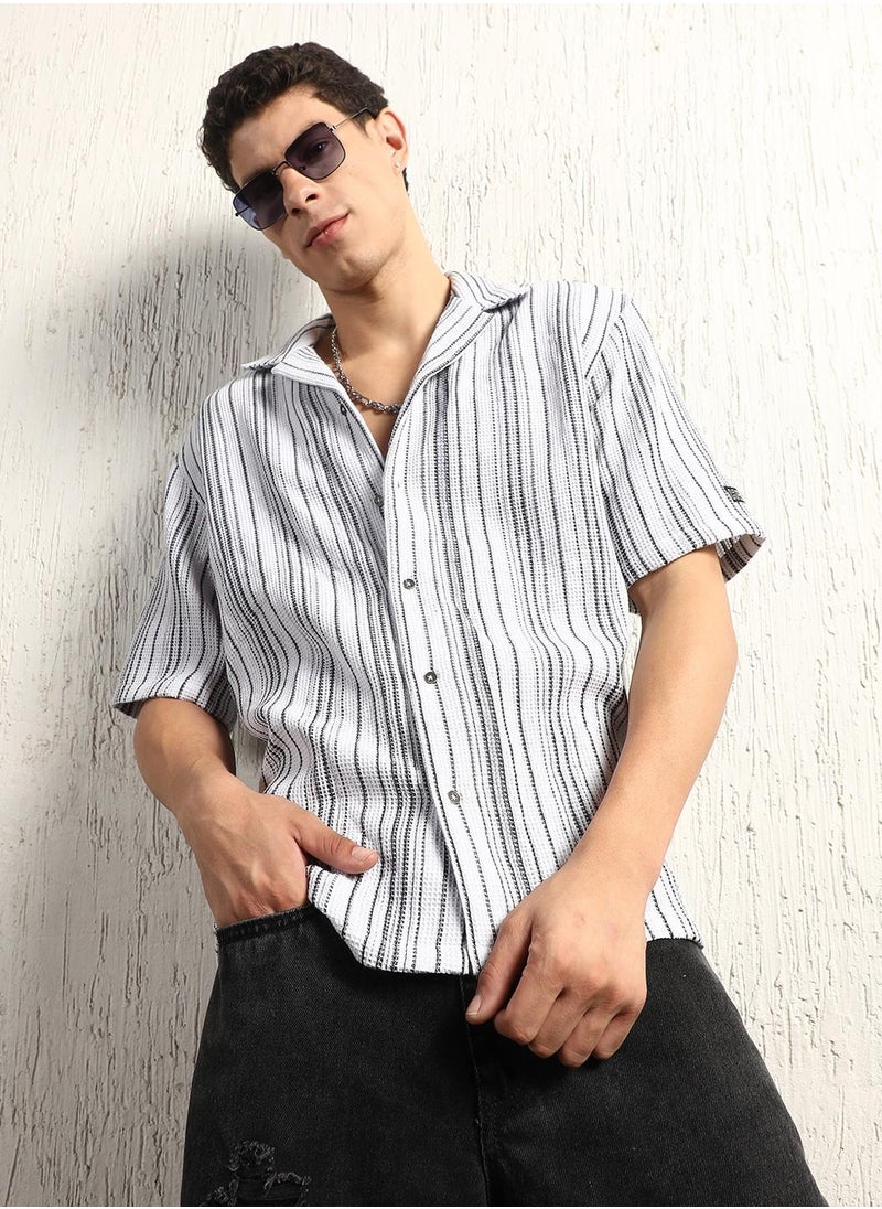 Hubberholme Cotton Relaxed Waffle Striped Half Sleeve Shirt for Men  - Image 1