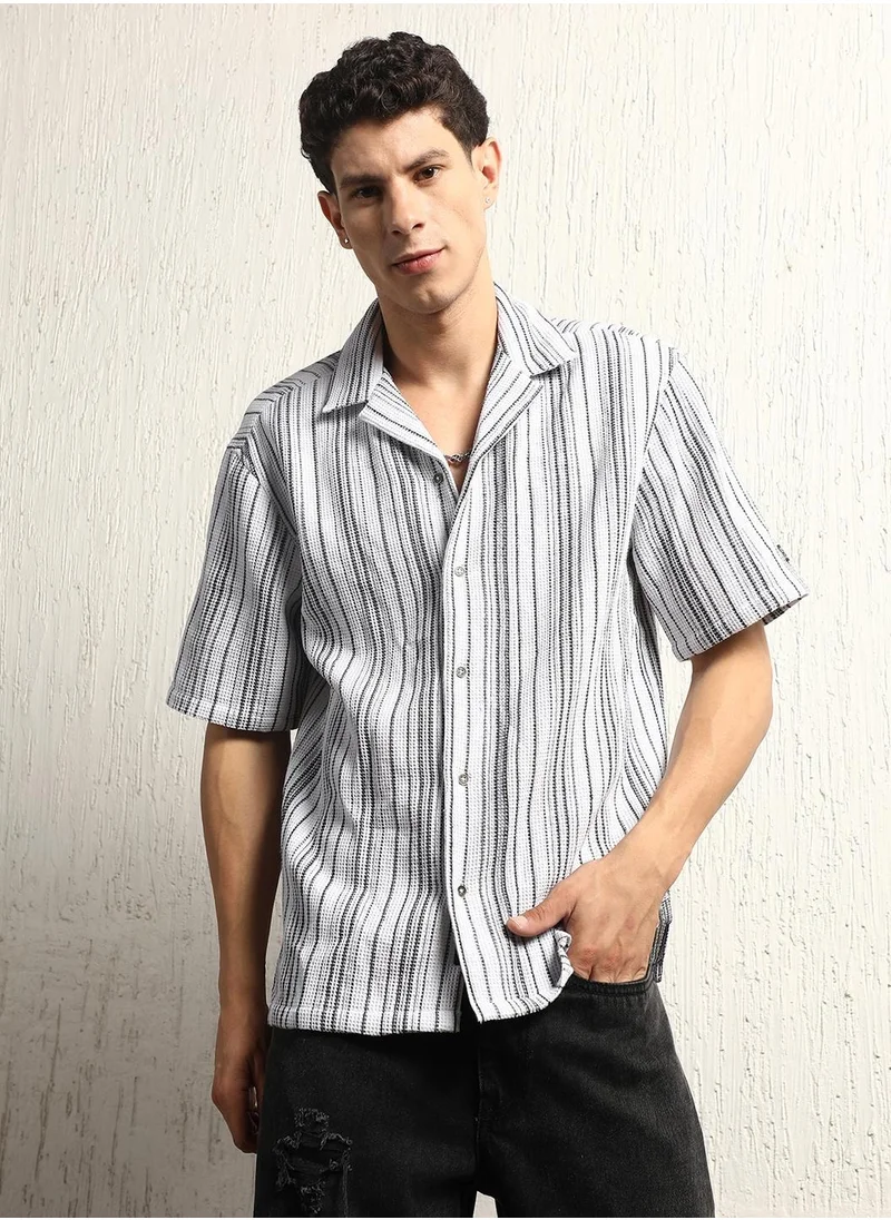 هوبرهولمي Cotton Relaxed Waffle Striped Half Sleeve Shirt for Men