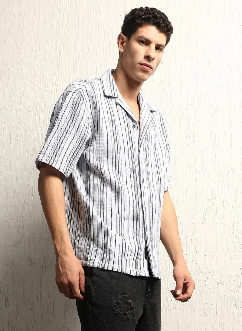 Hubberholme Cotton Relaxed Waffle Striped Half Sleeve Shirt for Men