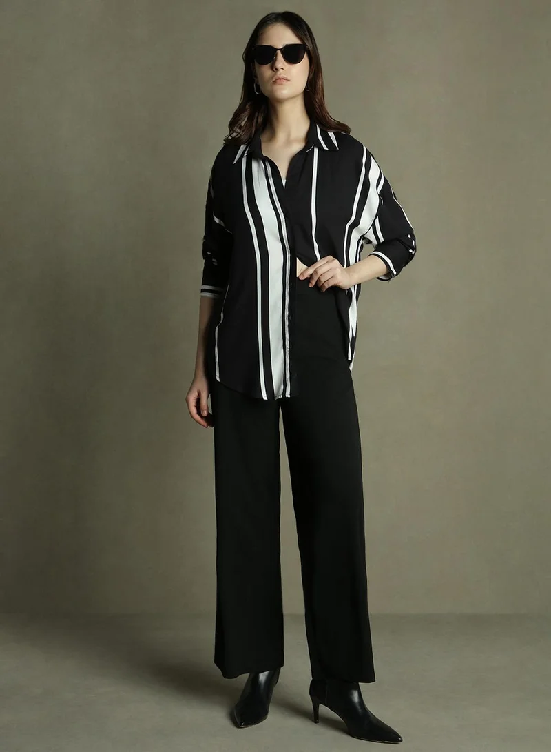 Dennis Lingo Women's Black Rayon Printed Oversized Shirt