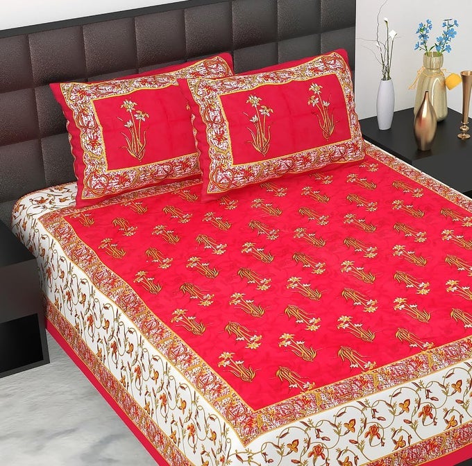 EWISH BOX PURE 100 COTTON DOUBLE BED SHEET WITH 2 PILLOW COVERS BEDSHEET FOR DOUBLE BED COTTON RED FLOWER PATTI JAIPURI KING SIZE