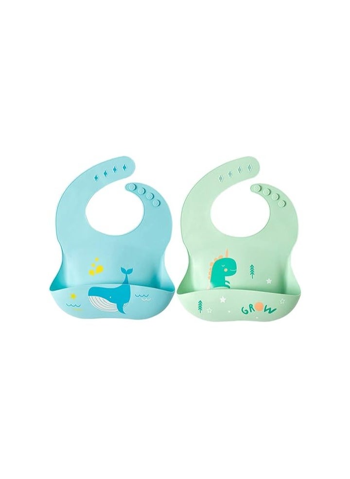 Pixie Pixie Baby Silicone Bibs Easily Clean Pack of 2, Soft Adjustable Waterproof Toddler Silicone Bibs for Babies Girl and Boy Whale, Dinosaur, Multi Color  - Image 1