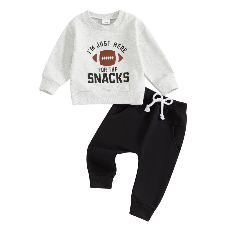 allshope Baby Boy Fall Clothes Set Long Sleeve Football Print Sweatshirt Pants Toddler Infant Outfits 6 12 18 24 Months 2T (I'm Just Here For The Snacks Gray, 18-24 Months) - Image 1