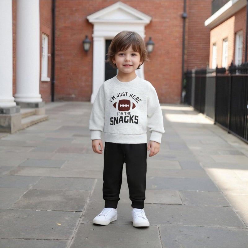 allshope Baby Boy Fall Clothes Set Long Sleeve Football Print Sweatshirt Pants Toddler Infant Outfits 6 12 18 24 Months 2T (I'm Just Here For The Snacks Gray, 18-24 Months) - Image 2
