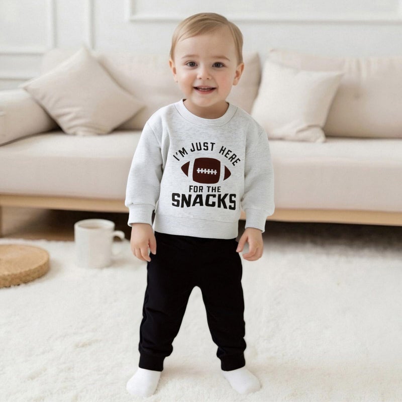allshope Baby Boy Fall Clothes Set Long Sleeve Football Print Sweatshirt Pants Toddler Infant Outfits 6 12 18 24 Months 2T (I'm Just Here For The Snacks Gray, 18-24 Months) - Image 4