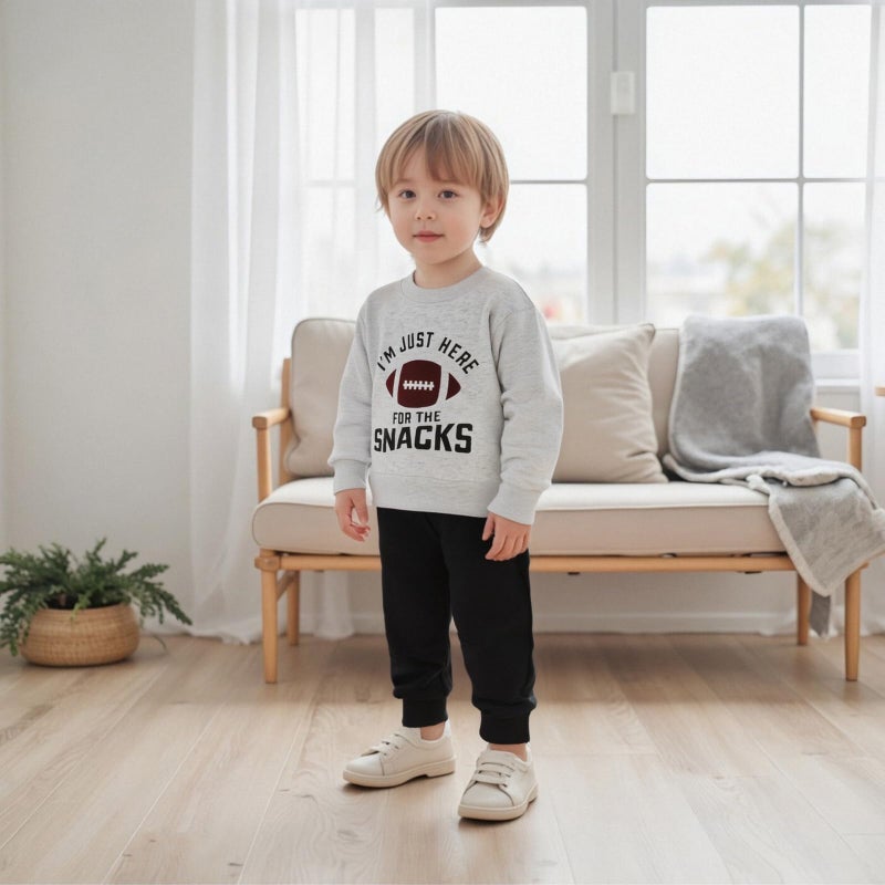 allshope Baby Boy Fall Clothes Set Long Sleeve Football Print Sweatshirt Pants Toddler Infant Outfits 6 12 18 24 Months 2T (I'm Just Here For The Snacks Gray, 18-24 Months) - Image 5