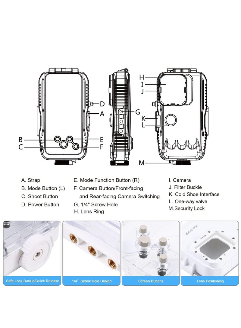 40M/131FT Underwater Housings compatible with iPhone 14/14 Pro / 13/13 Pro / 12/12 Pro Dive Photography Case Shockproof Snowproof Dirtproof IP68 Protective Diving Shell Accessories - Image 4