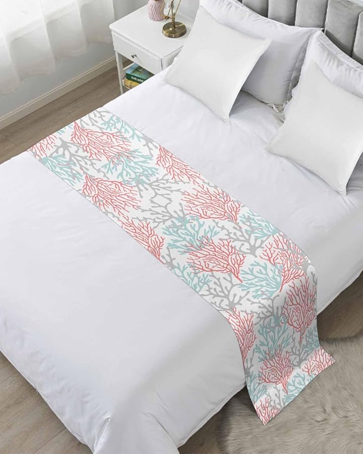 Red Blue Coral Coastal Bed Runner 102x20 Inches for Cal King Bed Summer Beach Throw - Image 1