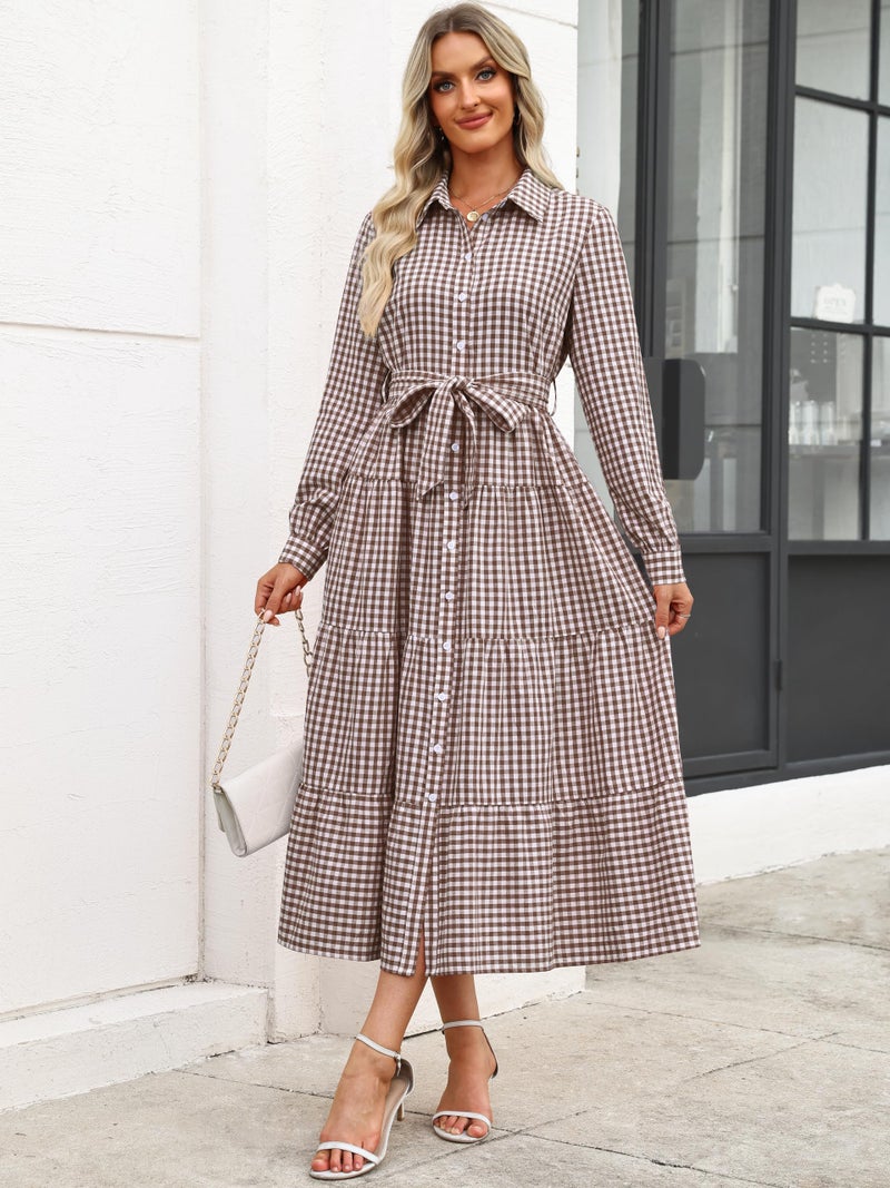Caracilia Women Long Sleeve Maxi Dress 2026 Spring Casual Button Down Striped Plaid Tie Waist Shirt Dresses Vacation Outfits Brown Plaid X-Large - Image 2