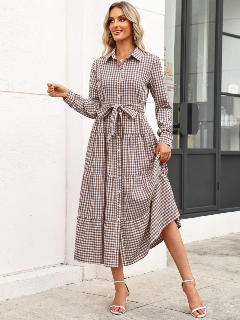 Caracilia Women Long Sleeve Maxi Dress 2026 Spring Casual Button Down Striped Plaid Tie Waist Shirt Dresses Vacation Outfits Brown Plaid X-Large - Image 4