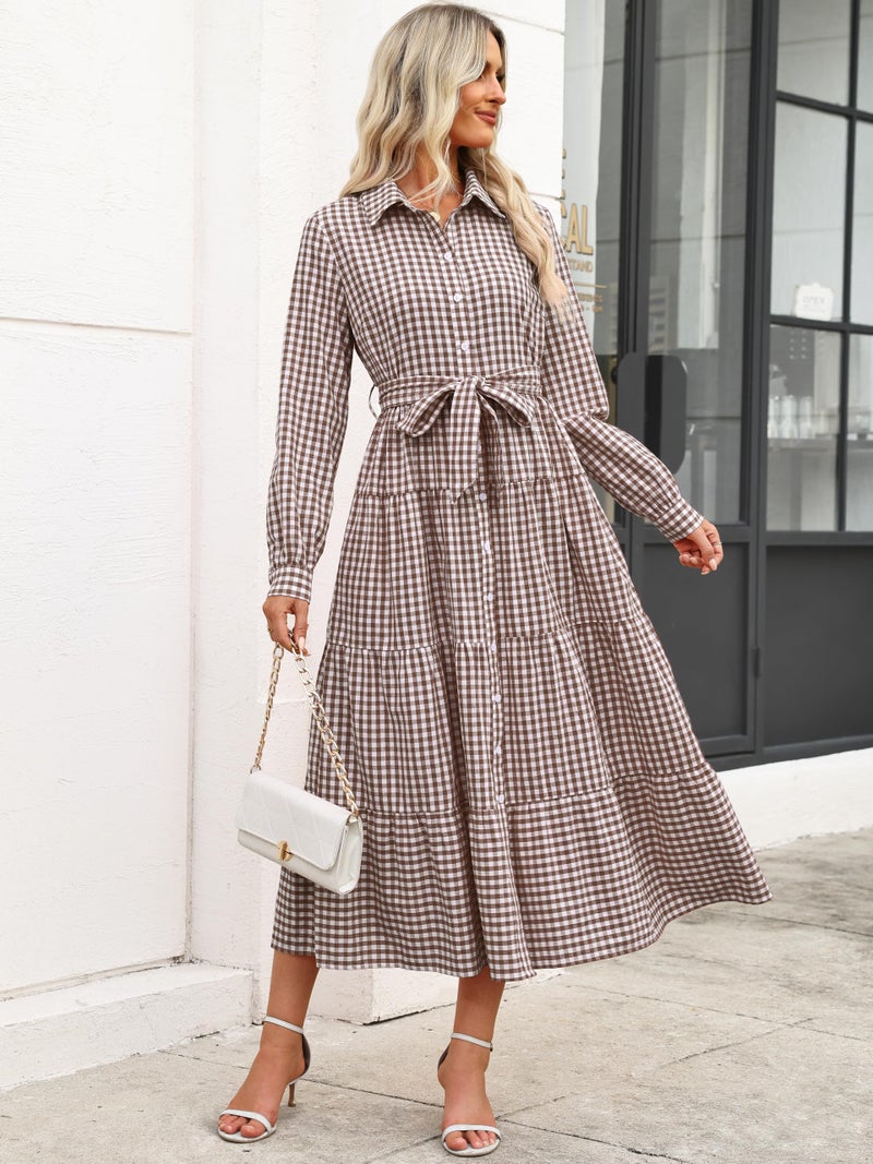 Caracilia Women Long Sleeve Maxi Dress 2026 Spring Casual Button Down Striped Plaid Tie Waist Shirt Dresses Vacation Outfits Brown Plaid X-Large - Image 3