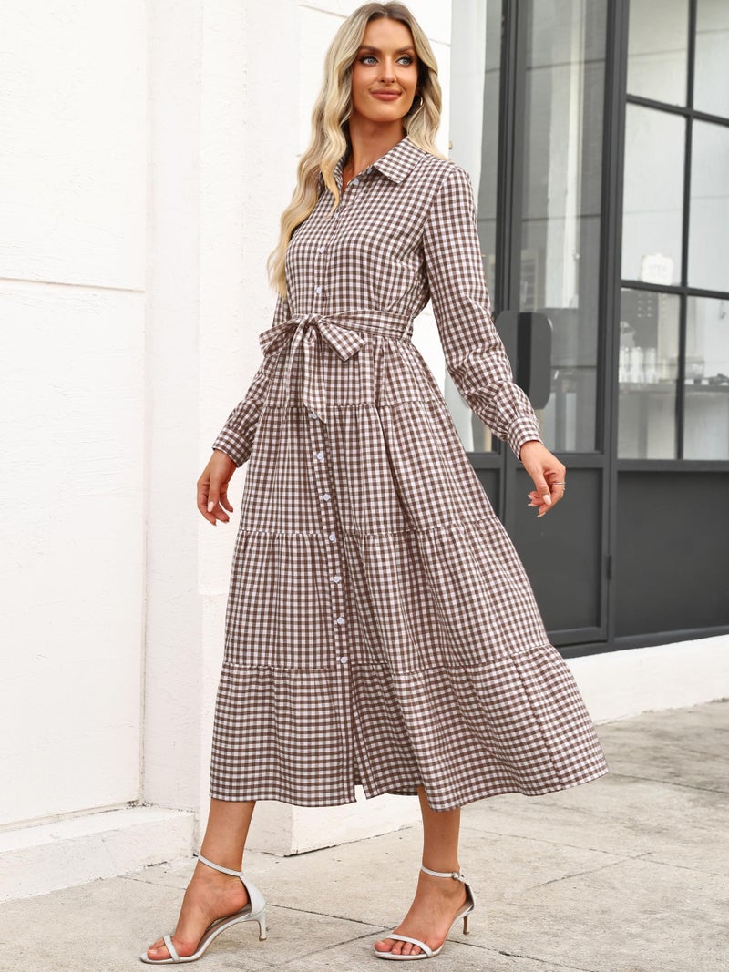 Caracilia Women Long Sleeve Maxi Dress 2026 Spring Casual Button Down Striped Plaid Tie Waist Shirt Dresses Vacation Outfits Brown Plaid X-Large - Image 5