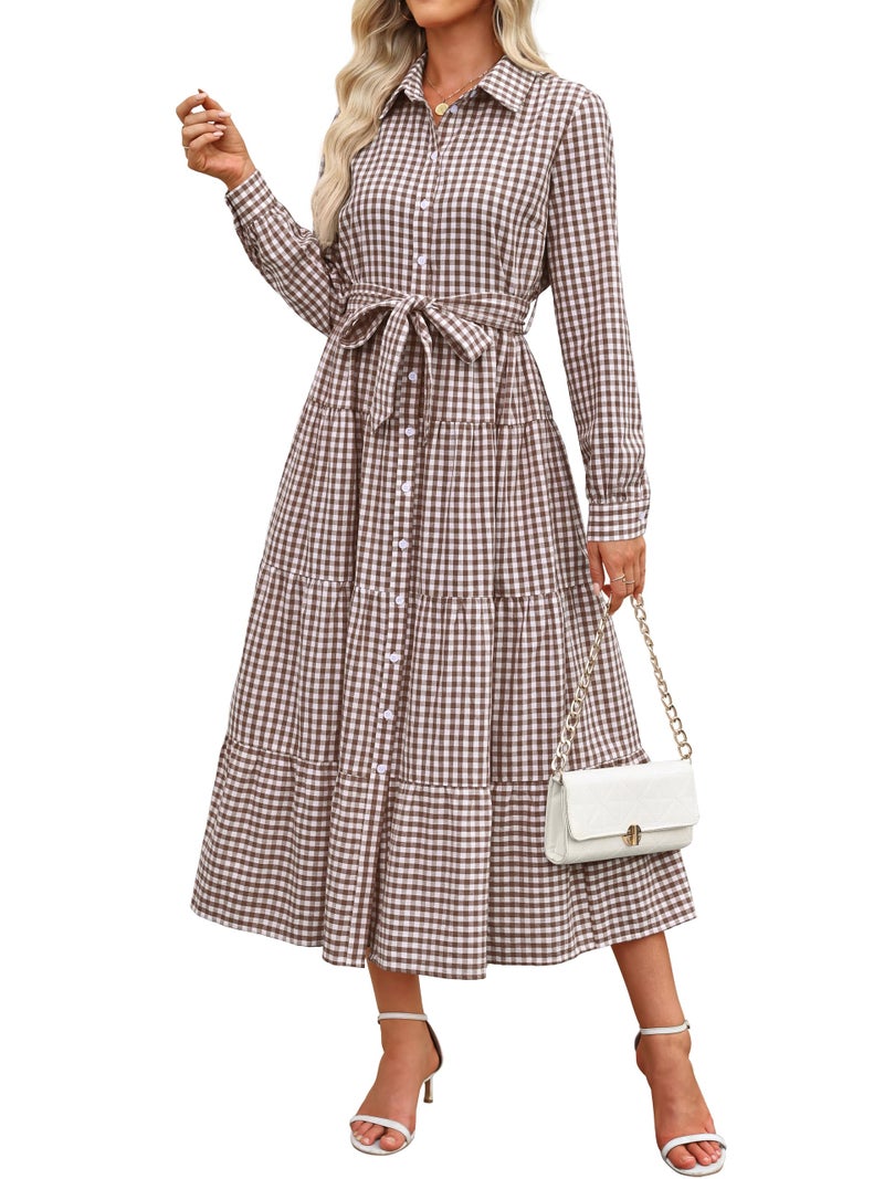 Caracilia Women Long Sleeve Maxi Dress 2026 Spring Casual Button Down Striped Plaid Tie Waist Shirt Dresses Vacation Outfits Brown Plaid X-Large - Image 1