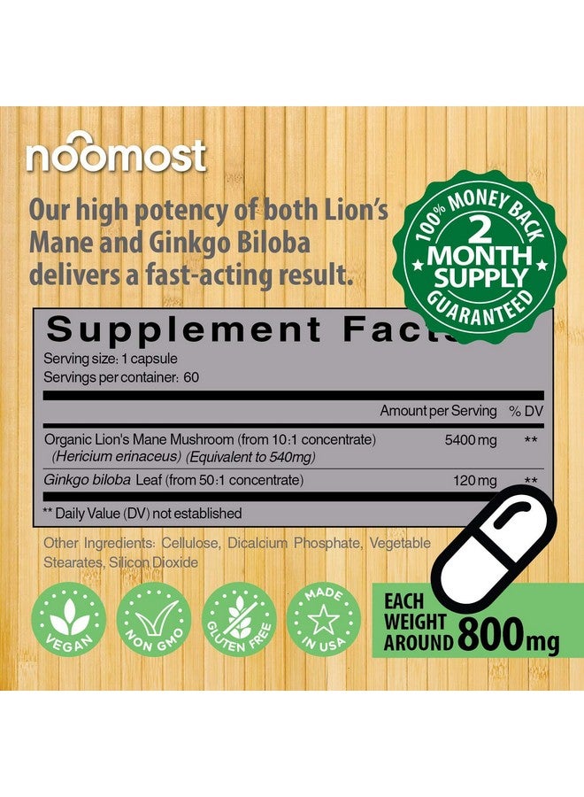 NooMost Organic Lions Mane Mushroom Capsules 5400Mg Ginkgo Biloba 120Mg Lion Mane Ginko Biloba Memory Supplement For Nootropic Brain & Mental Clarity Ginko Smart Maximum Focus And Memory 2Month Supply - Image 3