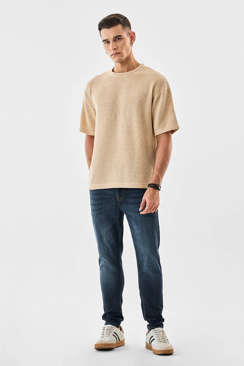 SNITCH Beige Textured Half Sleeve Oversized T-Shirt