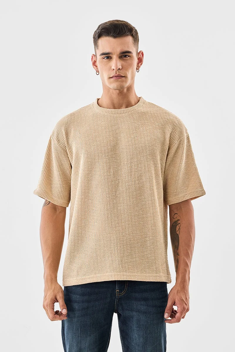 SNITCH Beige Textured Half Sleeve Oversized T-Shirt