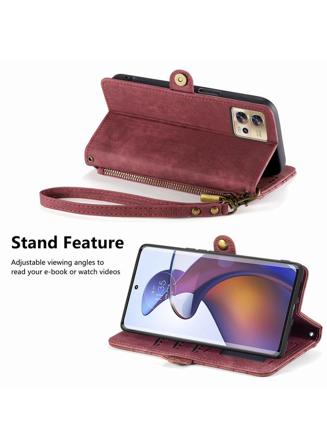 اس-توب جراب لهاتف Motorola Edge 30 Fusion بتصميم هندسي وسحاب ومشبك جانبي من الجلد - Image 4