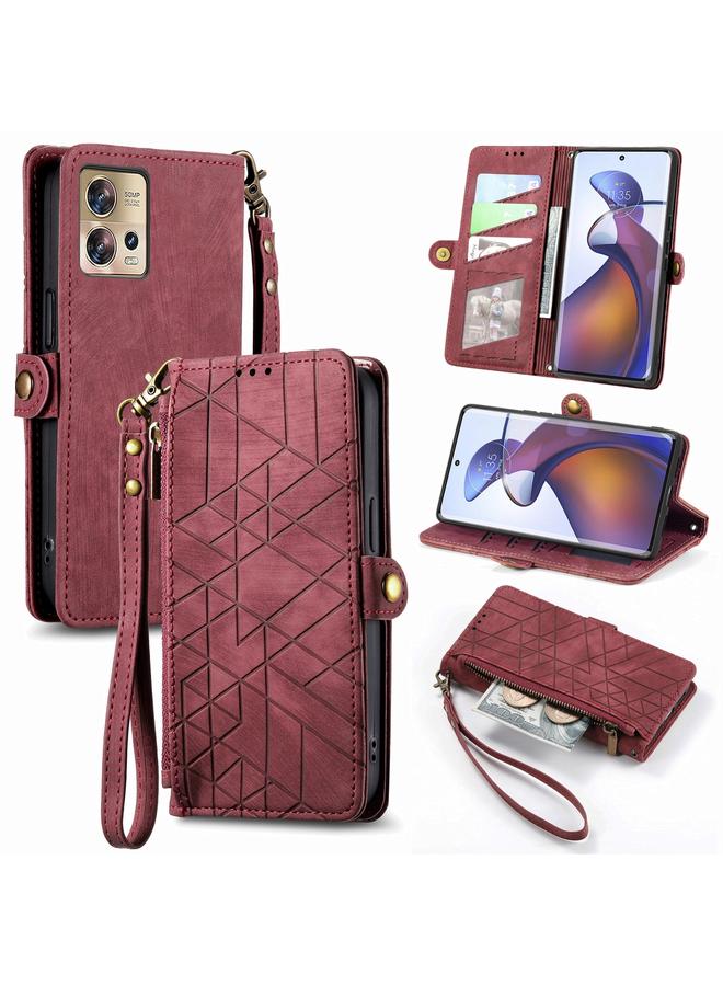 اس-توب جراب لهاتف Motorola Edge 30 Fusion بتصميم هندسي وسحاب ومشبك جانبي من الجلد - Image 1