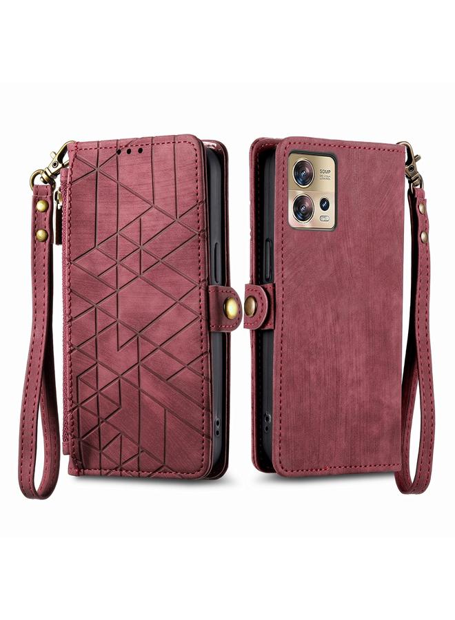 اس-توب جراب لهاتف Motorola Edge 30 Fusion بتصميم هندسي وسحاب ومشبك جانبي من الجلد - Image 2