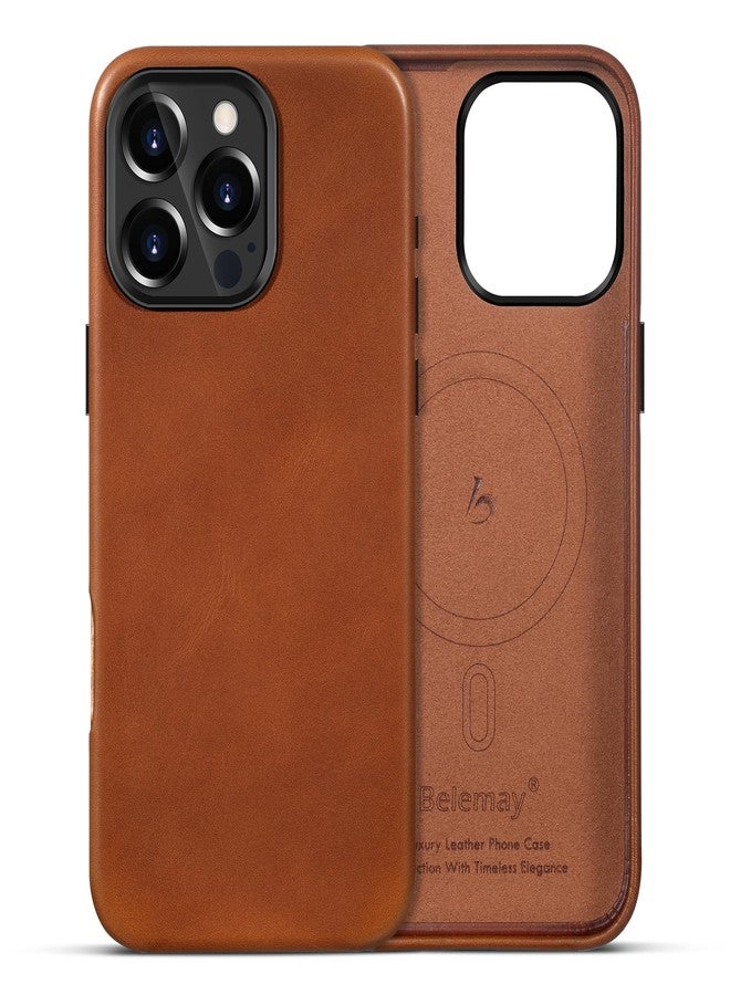 Belemay Compatible with iPhone 16 Pro Leather Case, Compatible with MagSafe, Premium Full-Grain Vegetable-Tanned Smooth Leather, Metal Buttons & Camera Bump Frame, Luxury Cover (6.3") Saddle Brown - Image 1