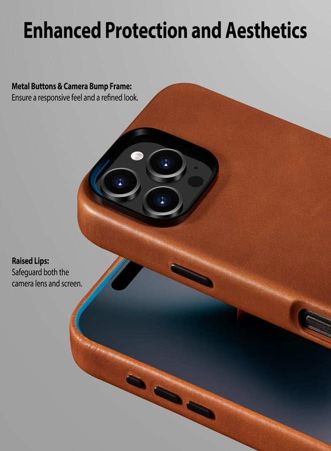 Belemay Compatible with iPhone 16 Pro Leather Case, Compatible with MagSafe, Premium Full-Grain Vegetable-Tanned Smooth Leather, Metal Buttons & Camera Bump Frame, Luxury Cover (6.3") Saddle Brown - Image 4