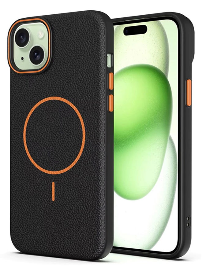 Magsafe Phone Case For iPhone 14 With High Quality Rubber Frame And Slim Lychee Pattern Leather Case with Camera Lens Protection Shockproof Cover And support wireless Charging Leather Cover for iPhone 14 - Black  - Image 1
