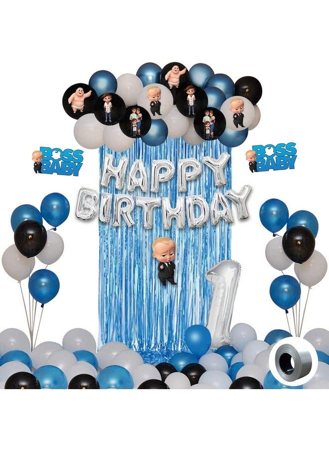 بارتي بروبس مجموعة ديكورات عيد الميلاد الأول من Party Propz Boss Baby - 43 قطعة من بالونات رقائق معدنية بحروف فضية لعيد الميلاد السعيد، بالونات معدنية زرقاء بيضاء سوداء، ستارة من رقائق معدنية، بالون رقم 1 لعيد ميلاد الأولاد. - Image 1