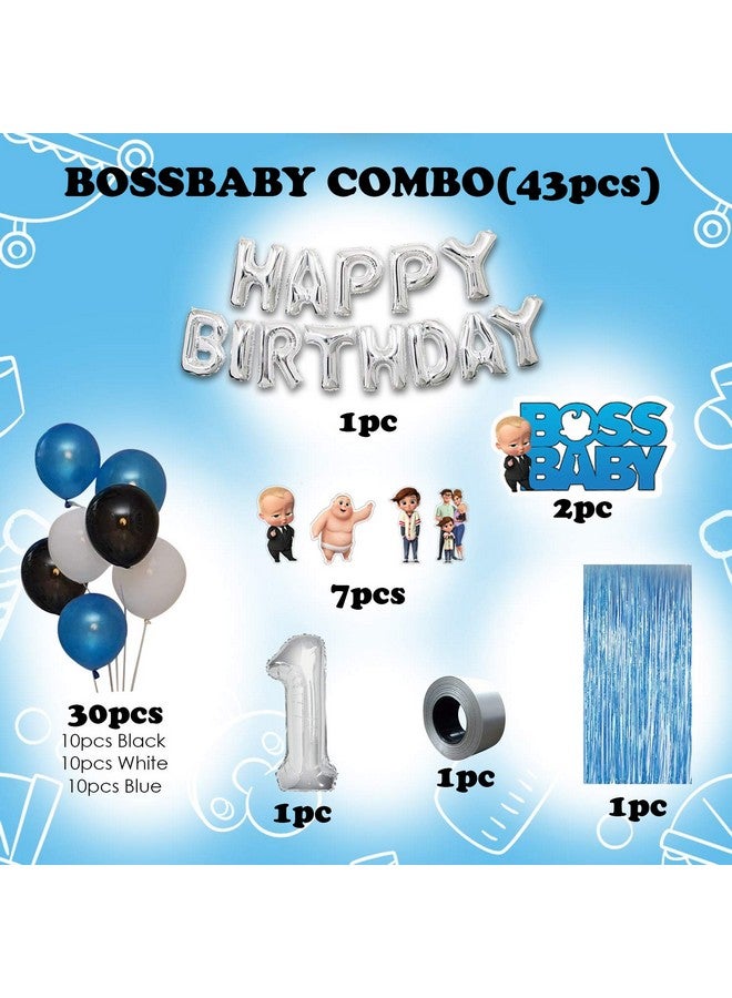 بارتي بروبس مجموعة ديكورات عيد الميلاد الأول من Party Propz Boss Baby - 43 قطعة من بالونات رقائق معدنية بحروف فضية لعيد الميلاد السعيد، بالونات معدنية زرقاء بيضاء سوداء، ستارة من رقائق معدنية، بالون رقم 1 لعيد ميلاد الأولاد. - Image 2