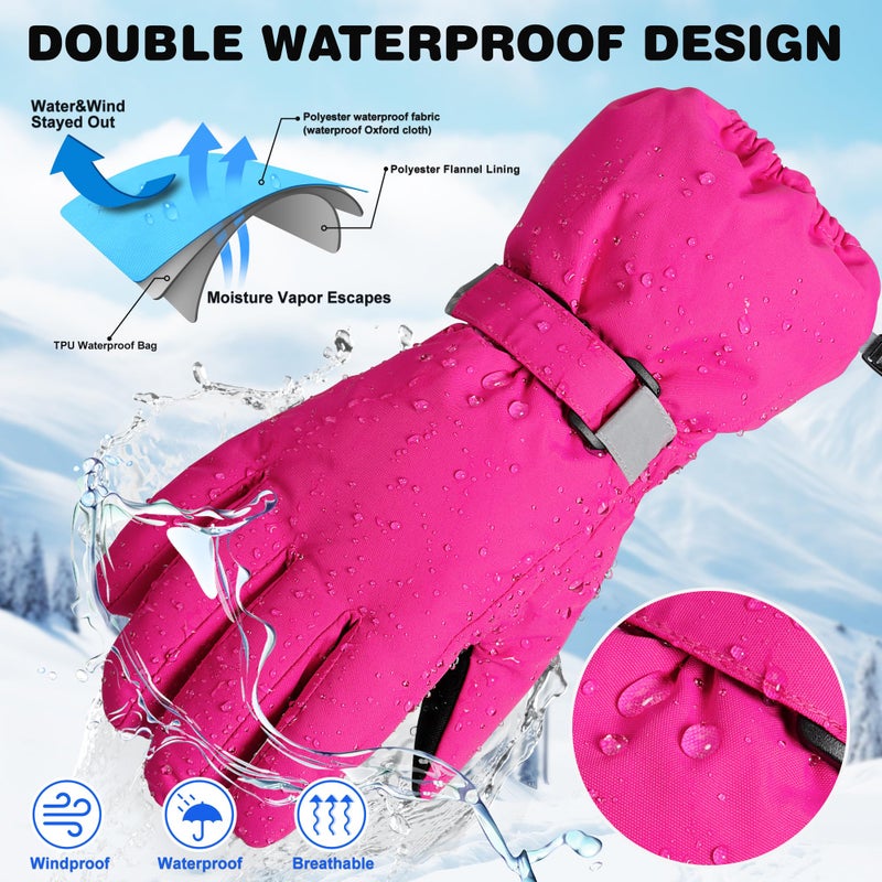ThxToms Kids Winter Gloves, Waterproof Ski Snow Gloves for Boys and Girls, Winter Warm Gloves for Cold Weather Outdoor Play(Rose Red, M) - Image 2