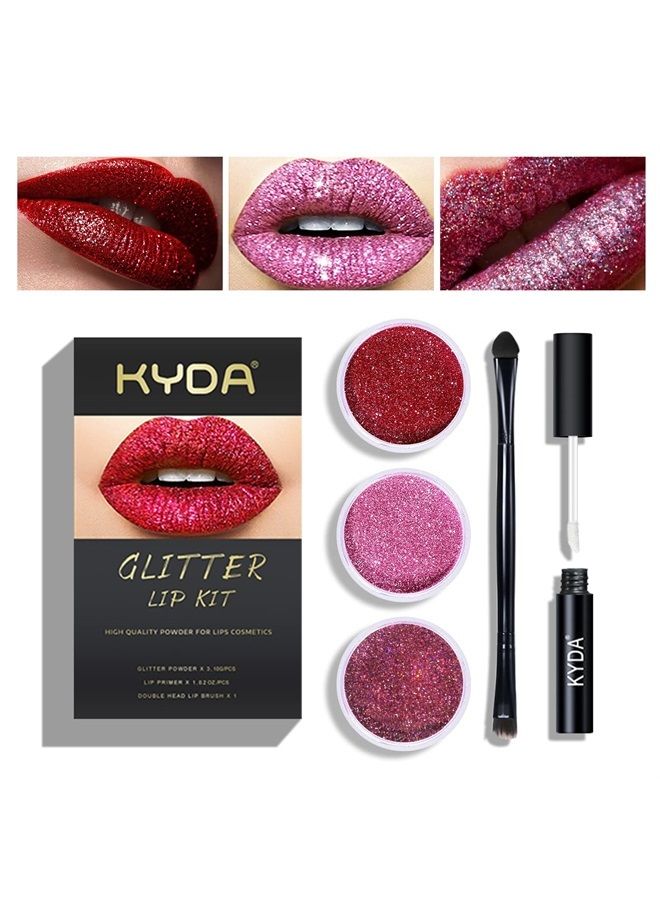 3 Colors Glitter Lip Kit, Diamond Metllic High Pigmented Powder for Lips Cosmetics, Glitter Lips Makeup,with Lip Primer and Brush, Long Wear-Set A