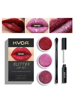 KYDA 3 Colors Glitter Lip Kit, Diamond Metllic High Pigmented Powder for Lips Cosmetics, Glitter Lips Makeup,with Lip Primer and Brush, Long Wear-Set A  - Image 1