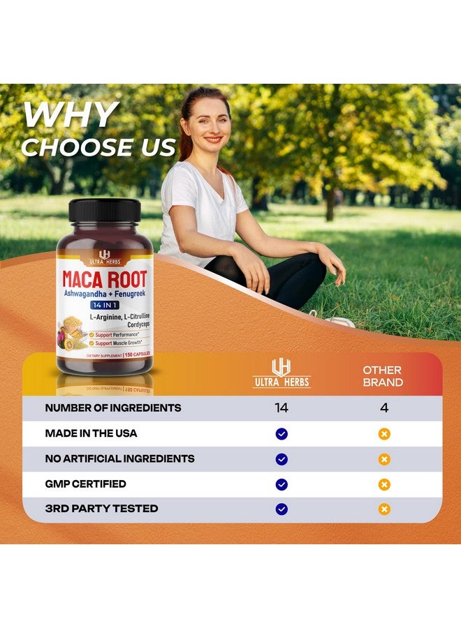 ULTRA HERBS جذر الماكا البيرواني الأسود، الأحمر، الأصفر | كبسولات جذر الماكا المعززة مع الجنسنج، الأشواغاندا، الحلبة | دعم القدرة على التحمل، الأداء والمزاج | 150 كبسولة - Image 2