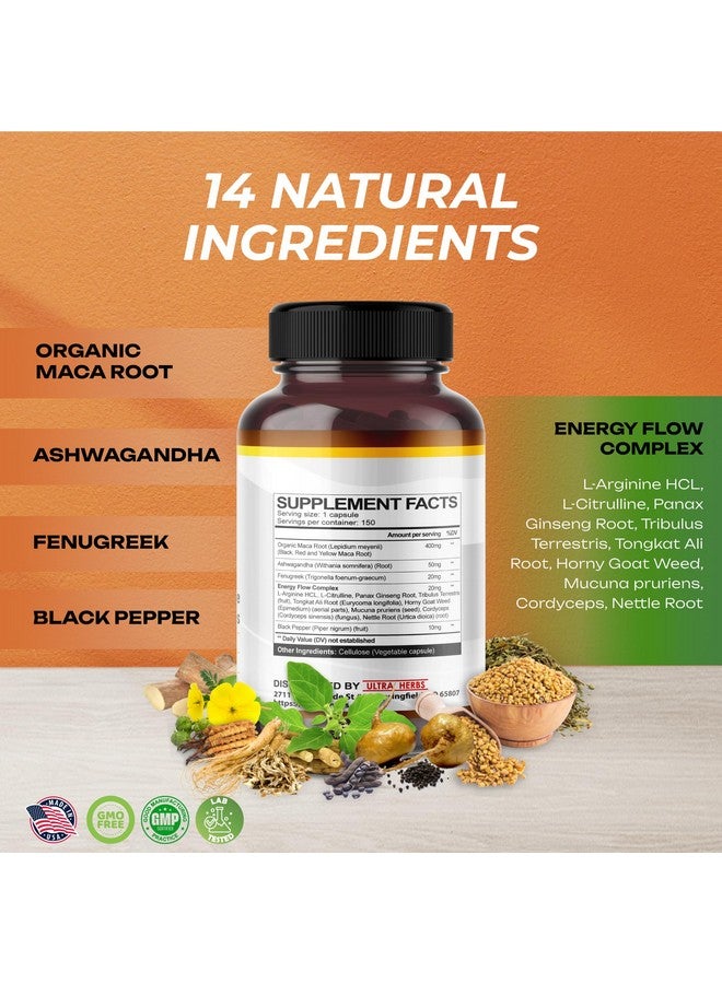 ULTRA HERBS جذر الماكا البيرواني الأسود، الأحمر، الأصفر | كبسولات جذر الماكا المعززة مع الجنسنج، الأشواغاندا، الحلبة | دعم القدرة على التحمل، الأداء والمزاج | 150 كبسولة - Image 3