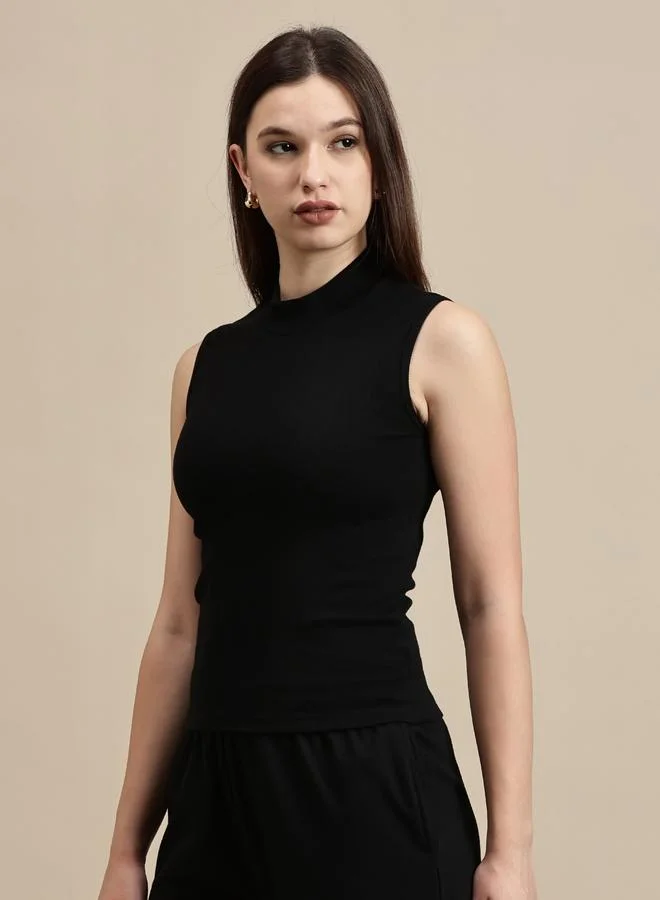 ECOLORE Black Solid High Neck Sleeveless Top