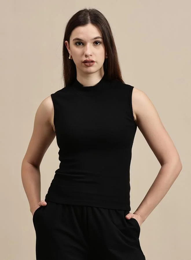ECOLORE Black Solid High Neck Sleeveless Top