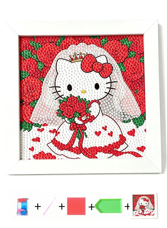 Hello Kitty DIY diamond painting kit for kids, comes with a wooden frame, simple 5D diamond painting set, mini diamond painting for home wall decoration (7x7 inches) - Image 1