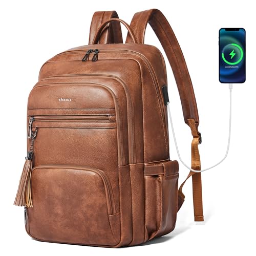 Shrrie 17 Inch Laptop Backpack for Women,Vegan Leather Backpack Purse,28L Work Business College Travel Computer Backpacks with Pouch Pocket for Large Capacity Cup & USB Charger,Caramel Brown - Image 1