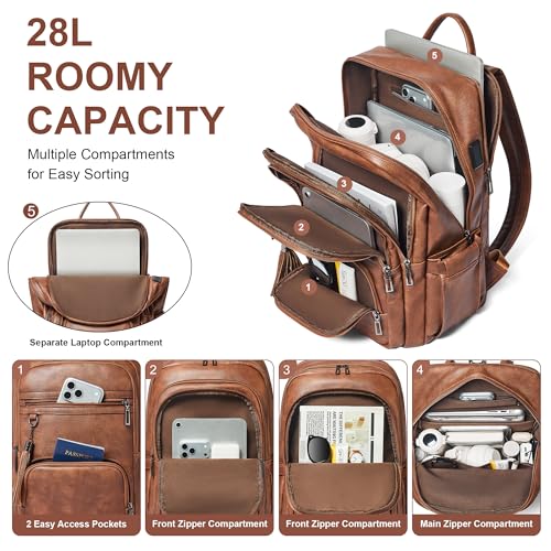 Shrrie 17 Inch Laptop Backpack for Women,Vegan Leather Backpack Purse,28L Work Business College Travel Computer Backpacks with Pouch Pocket for Large Capacity Cup & USB Charger,Caramel Brown - Image 3