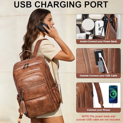 Shrrie 17 Inch Laptop Backpack for Women,Vegan Leather Backpack Purse,28L Work Business College Travel Computer Backpacks with Pouch Pocket for Large Capacity Cup & USB Charger,Caramel Brown - Image 4