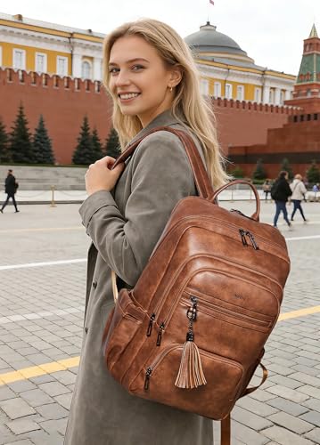 Shrrie 17 Inch Laptop Backpack for Women,Vegan Leather Backpack Purse,28L Work Business College Travel Computer Backpacks with Pouch Pocket for Large Capacity Cup & USB Charger,Caramel Brown - Image 2