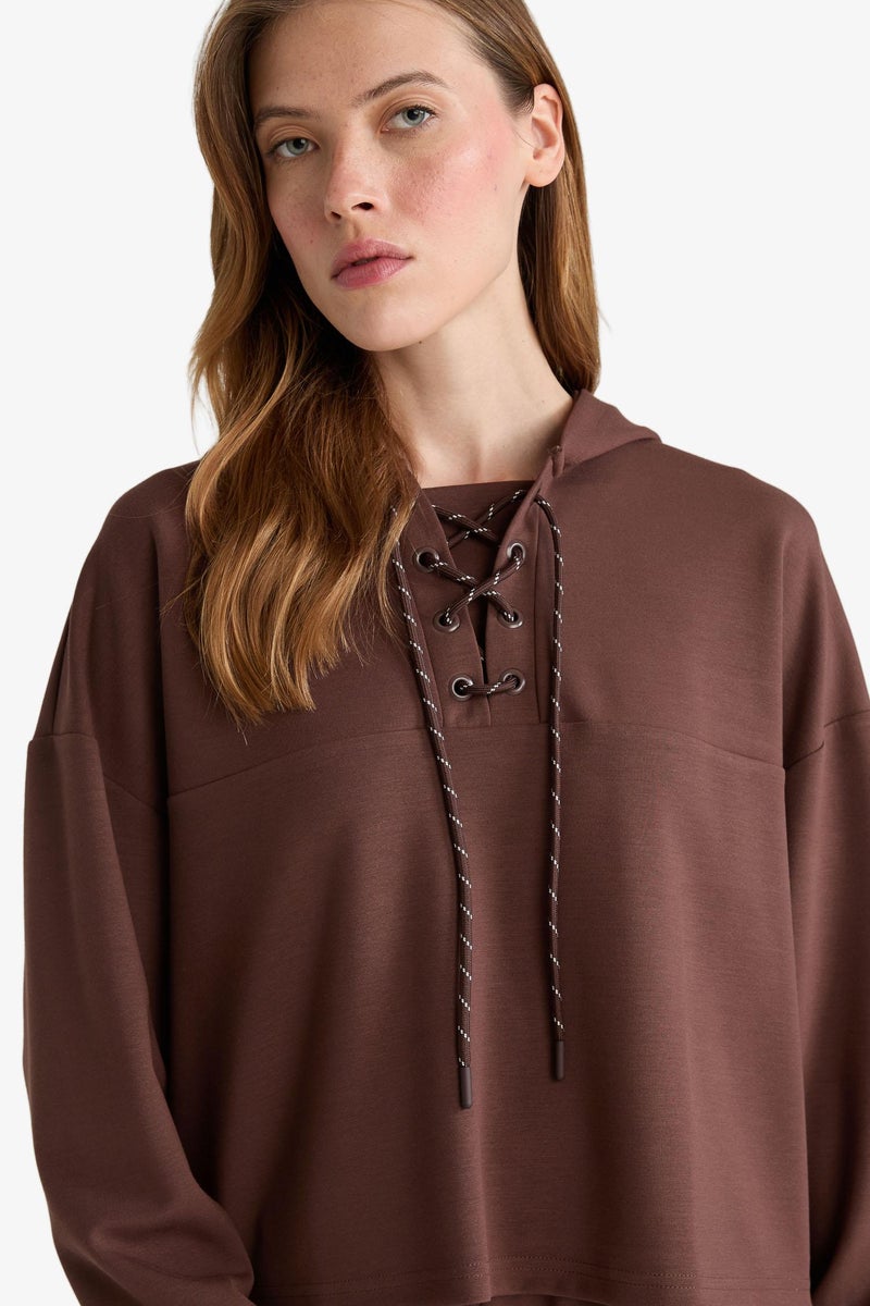 DeFacto Brown Woman Modal Tie Detail Sweatshirt Casual - Image 4